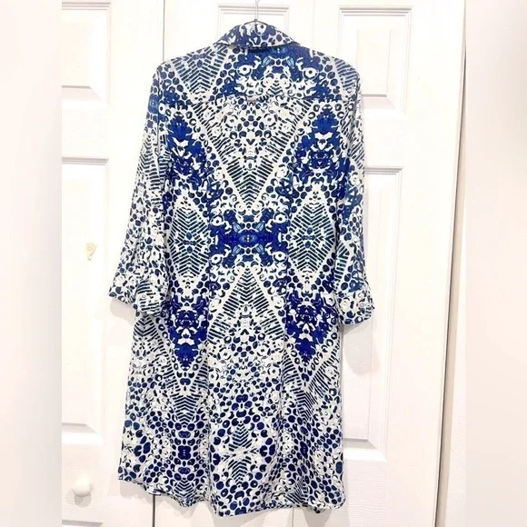 CAbi blue Jewel print button up shirt dress style # 422 roll tab sleeves… - Picture 5 of 11